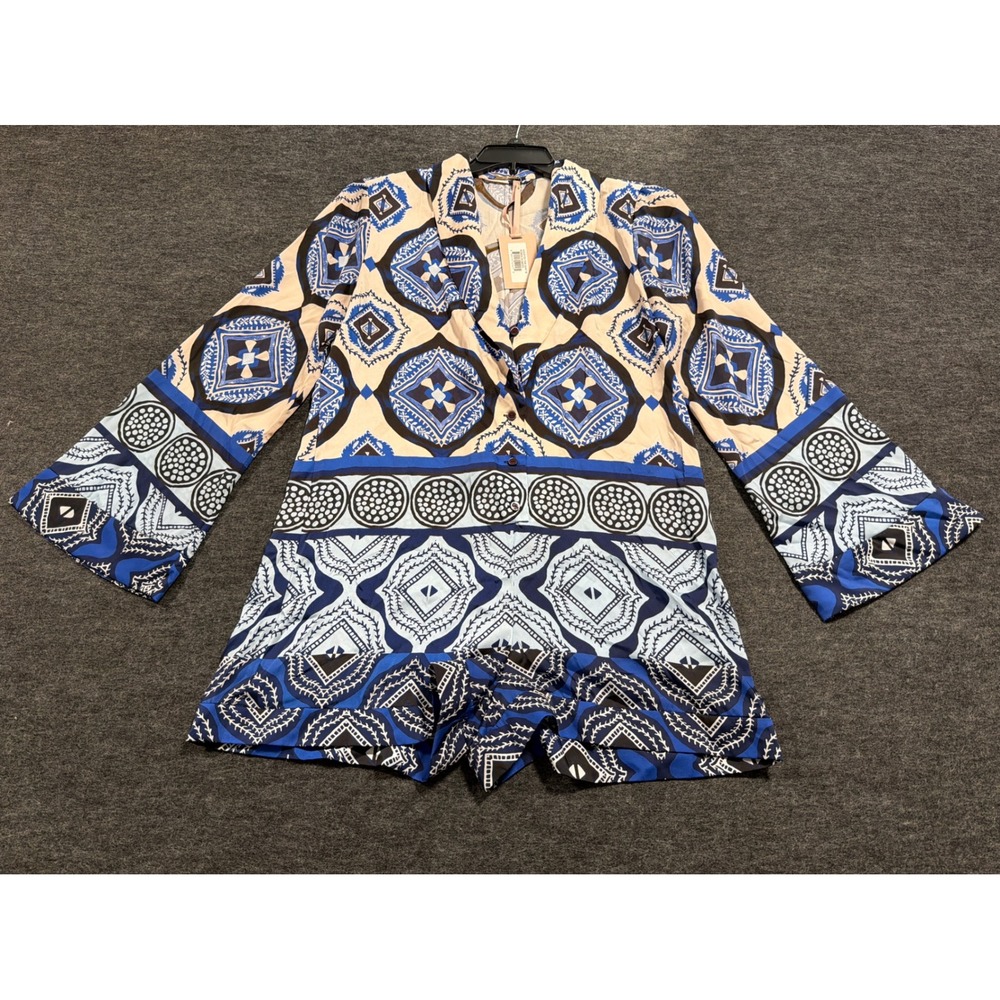 Alexis Robbie Romper Santorini Long Sleeve Blue Geometric Print Kimono Sleeves - Picture 2 of 13